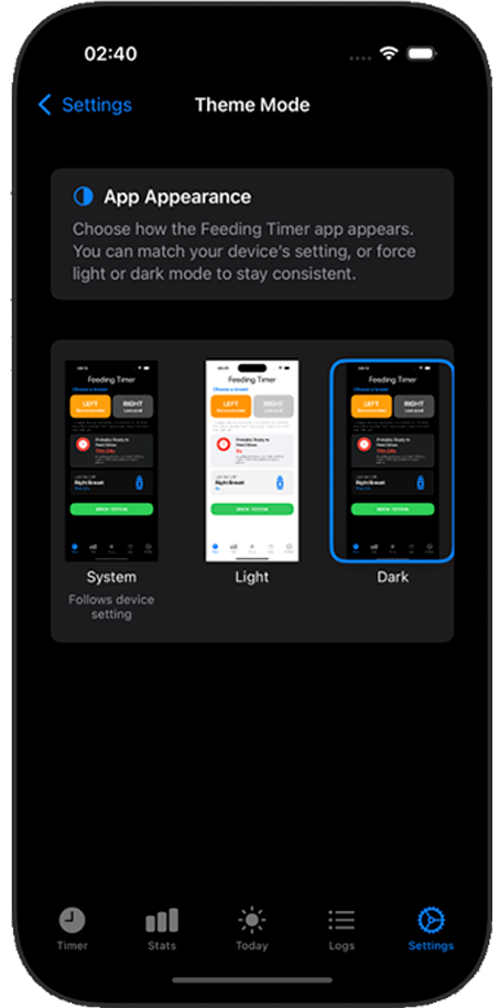 iOS Breast Feeding Timer App in dark mode for low-light night feeding